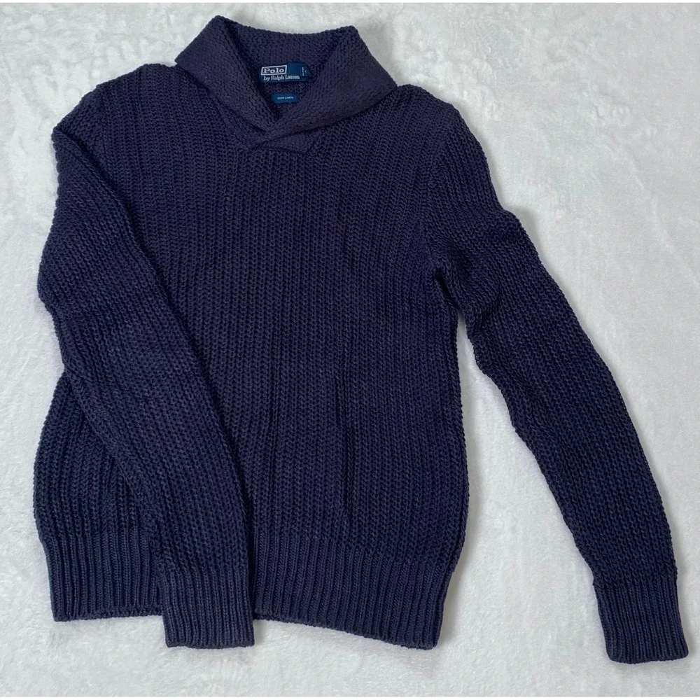 Polo Ralph Lauren Mens Navy Blue 100% Linen Shawl‎ Collar Shaker Knit Sweater L